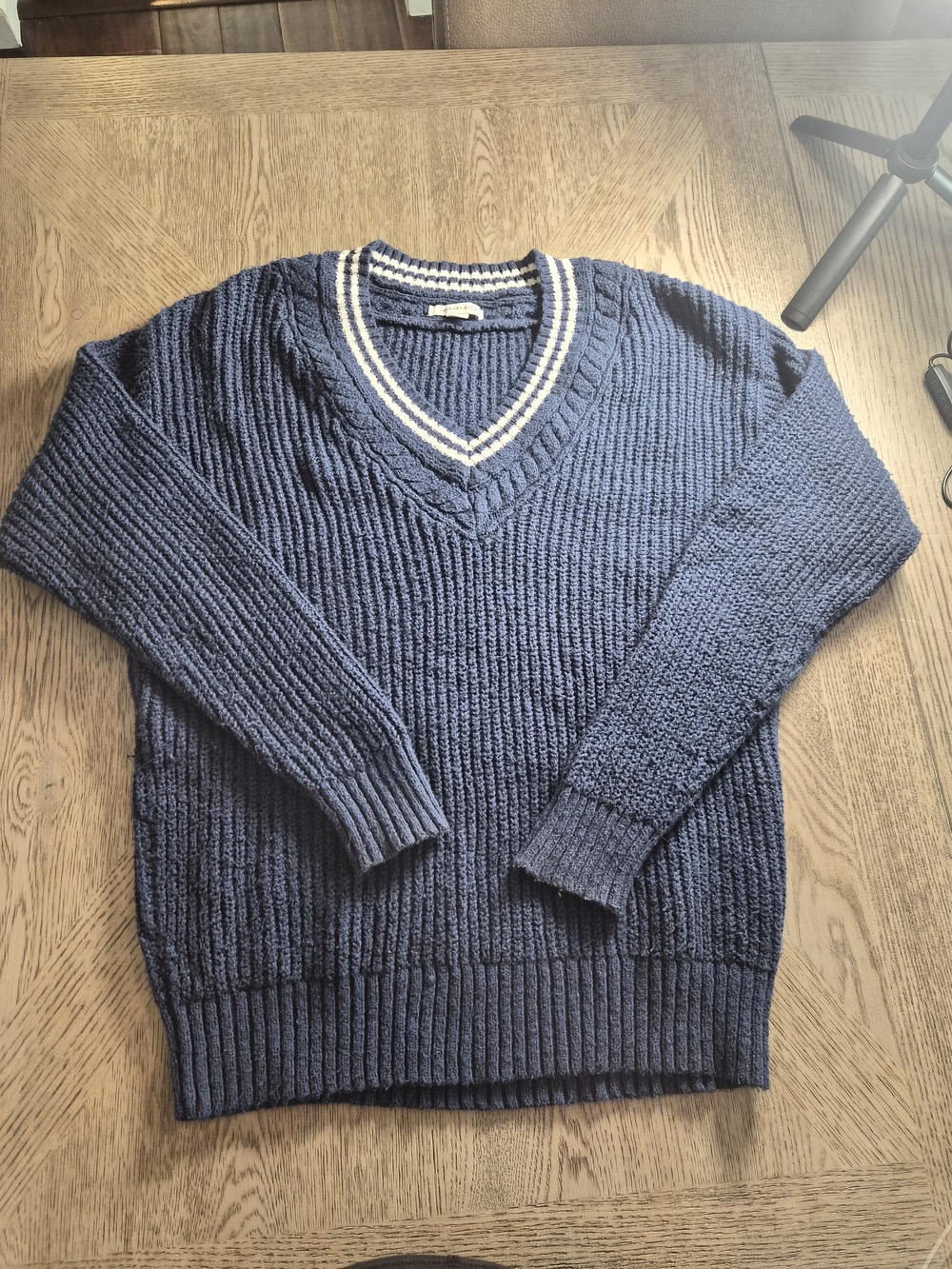 American Eagle Outfitters Navy V-Neck Sweater with White Trim